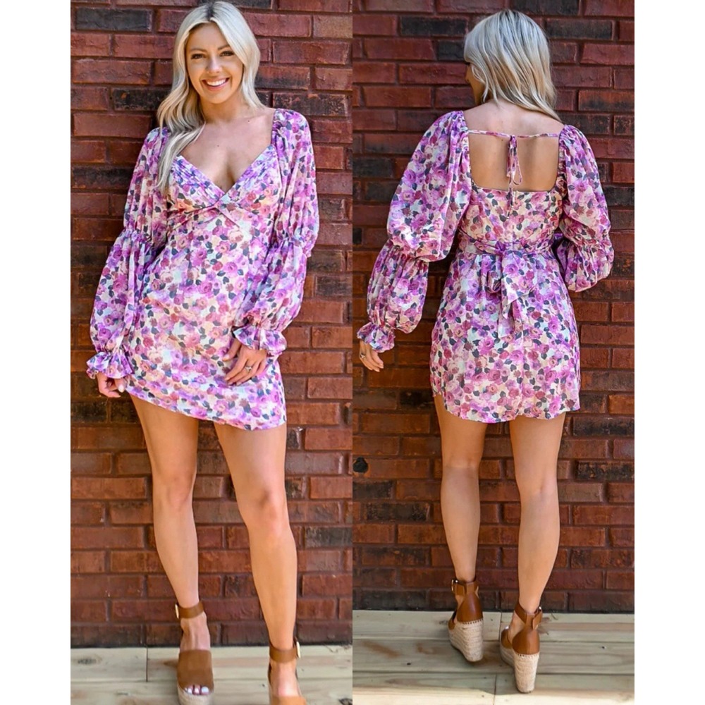 Lena Purple Floral Babydoll Pleated Balloon Sleeve Mini Dress Fairy Whimsical S